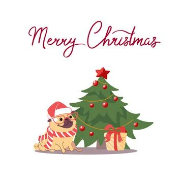 Vector postcard dog near the new year tree and the inscription Merry Christmas Stock Illustration