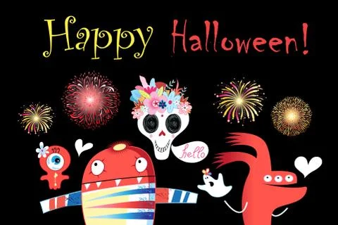 Vector postcard with monsters and a skull for Halloween Stock Illustration