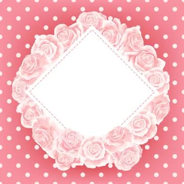 Vector postcard template of pink cream rose flower on polka dot background Stock Illustration