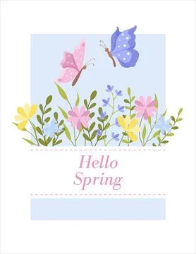 A vector postcard template with the slogan "Hello Spring." A cute flat-styl.. Stock Illustration