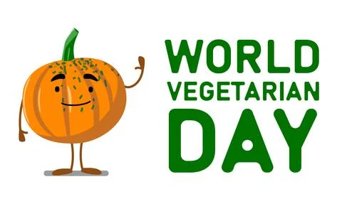 Vector postcard of the World Vegetarian Day in a flat style. Funny pumpkin Stock Illustration