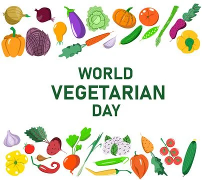 Vector postcard of the World Vegetarian Day in a flat style. Food top and bottom Stock Illustration