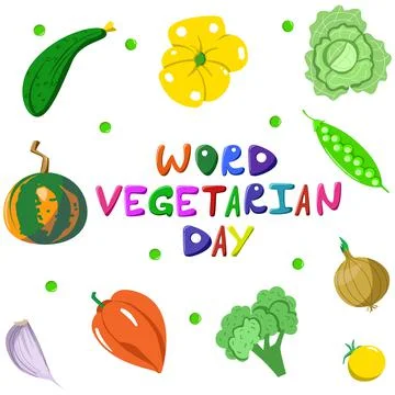Vector postcard of the World Vegetarian Day in a flat style. The food is in a Stock Illustration