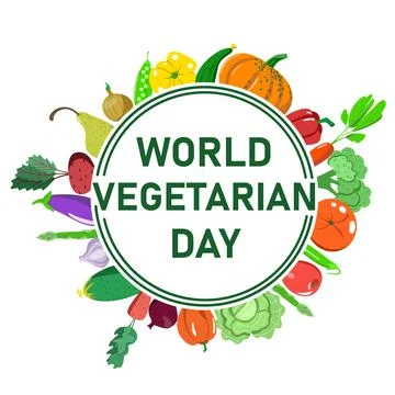 Vector postcard of the World Vegetarian Day in a flat style. Food around the Illustrazione stock