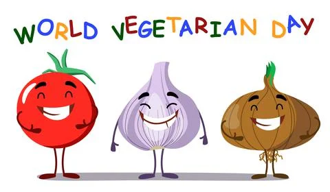 Vector postcard of the World Vegetarian Day in a flat style. Funny character of Illustrazione stock