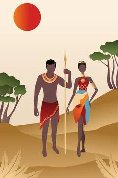 Vector, poster, african luxurious man with a spear and a woman. Collection of Stock Illustration
