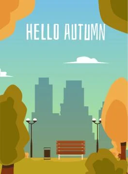 Vector poster with autumn park, bench, city buildings and text. Ilustración de archivo