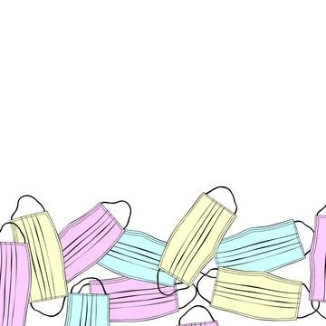 Vector poster, backdrop, heap of blue, pink, yellow medical face masks. Seaml Stock Illustration