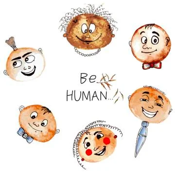 Vector poster Be human with cute faces and text Stock Illustration