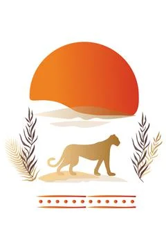 Vector, poster,  big and hot sun, plants and  leopard . Collection of contemp Stock Illustration