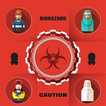 Vector poster of biohazard warning and rescue with paper label, mask silhou.. Stock Illustration