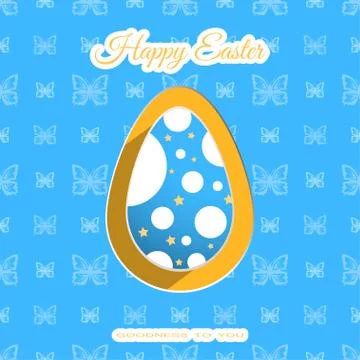 Vector poster of blue Easter egg with white geometric pattern and outline t.. Stock Illustration