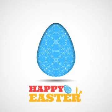 Vector poster of blue Easter egg with white geometric pattern and color tex.. Stock Illustration