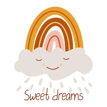 Vector poster with a boho rainbow  and a cute sleeping cloud. Stock Illustration