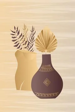 Vector, poster, Ceramic vase and jugs, plants, abstract shapes and landscape. Stock Illustration