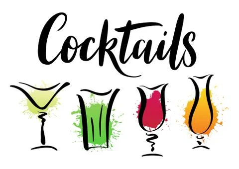 Vector poster Cocktails with hand drawn glasses of summer drinks. Stock Illustration