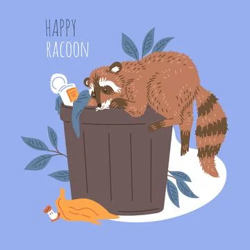 Vector poster with cute cartoon curious racoon climbs in trash can with hundreds Stock Illustration