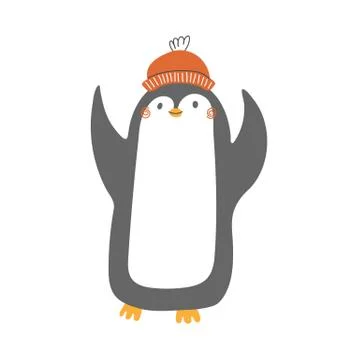 Vector poster with cute winter penguin in cozy clothes. Doodle illustration Stockillustratie