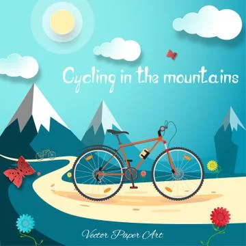 Vector poster of Cycling in the mountains on the gradient blue background w.. Stock Illustration