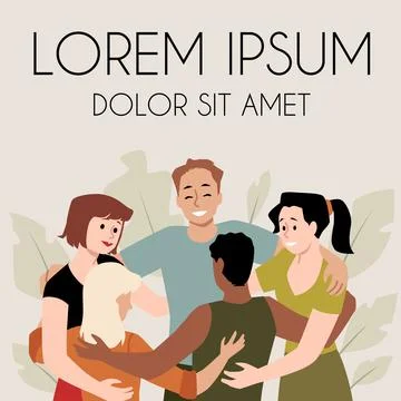 Vector poster depicting group hugs girls and boys hug each other In a flat style Stock Illustration