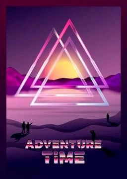 Vector poster design in 80s retro futurism style, with Odin's symbol valknut Stock Illustration