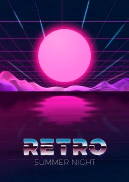 Vector poster design template in 80s retro futurism style, with digital sun Stock Illustration
