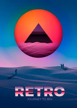 Vector poster design template in 80s retro futurism style, with bright sun Stock Illustration