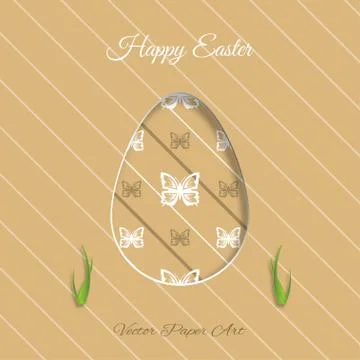 Vector poster of Easter egg with brown butterflies pattern, grass cut from .. 스톡 일러스트