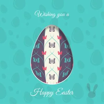 Vector poster of Easter egg with butterflies pattern, rabbit silhouette, sh.. Stockillustratie