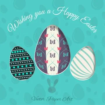 Vector poster of Easter eggs with different patterns, rabbit stamp, shadow .. Stock Illustration