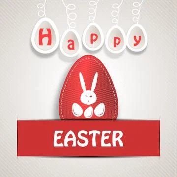 Vector poster of Easter paper red egg with line pattern, stitching, rabbit .. Stock Illustration