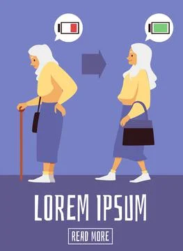 Vector poster with energetic and tired walking elderly woman 库存插图