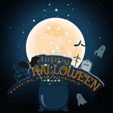 Vector poster for Halloween with full moon, flock of bats, headstones, grave Stock Illustration