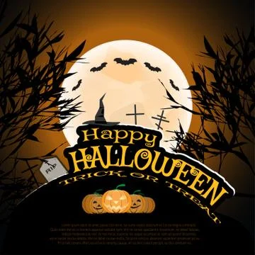 Vector poster for Halloween with full moon, silhouettes of trees, full moon, Stock Illustration