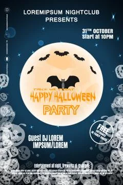 Vector poster for Halloween party night with full moon, flock of bats, text o Stock Illustration
