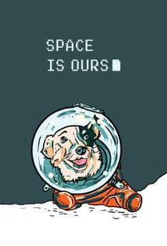 Vector poster with hand drawn dog in space suite. Funny puppy in orange jumps Stock Illustration