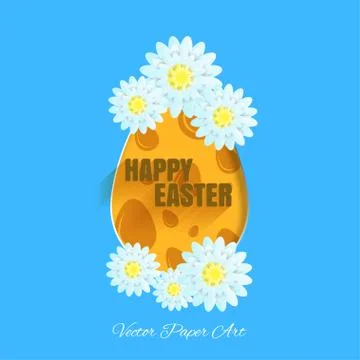 Vector poster of Happy Easter on the blue background with label, egg with y.. Stock Illustration