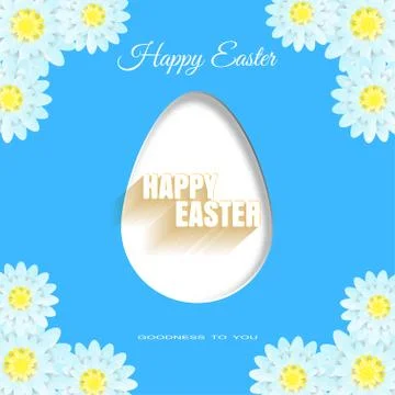 Vector poster of Happy Easter on the blue background with label, egg, light.. Stock Illustration
