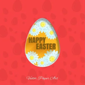 Vector poster of Happy Easter egg with flowers, text and shadow on the red .. Stock Illustration