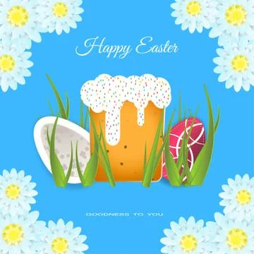 Vector poster of Happy Easter with flowers at the corners, Easter Cake, gre.. Stock Illustration