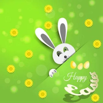Vector poster of Happy Easter on the gradient green background with rabbit,.. Stock Illustration