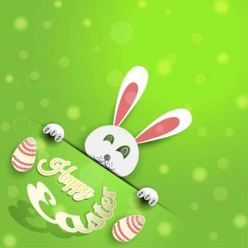 Vector poster of Happy Easter on the gradient green background with rabbit,.. Stock Illustration