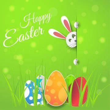 Vector poster of Happy Easter on the gradient green background with bunny, .. Stockillustratie