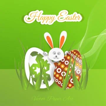 Vector poster of Happy Easter on the gradient green background with rabbit .. Stock Illustration