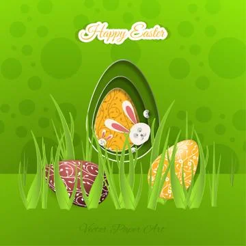 Vector poster of Happy Easter on the gradient green background with rabbit .. 库存插图