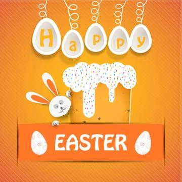Vector poster of Happy Easter with paper Easter Cake, rabbit head white leg.. Stock Illustration