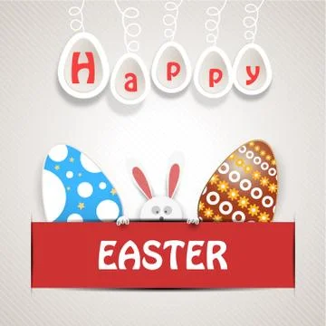 Vector poster of Happy Easter with rabbit head, white legs, eggs with diffe.. Stock Illustration