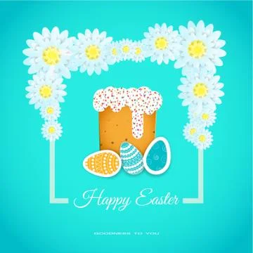 Vector poster of Happy Easter with white frame, flowers, Easter Cake, eggs .. Stock Illustration