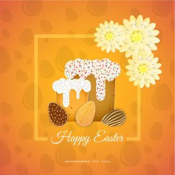 Vector poster of Happy Easter with yellow frame, flowers, Easter Cake, eggs.. Stock Illustration