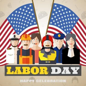 Vector poster of Happy Labor Day with different professions, label and flag.. Stock Illustration